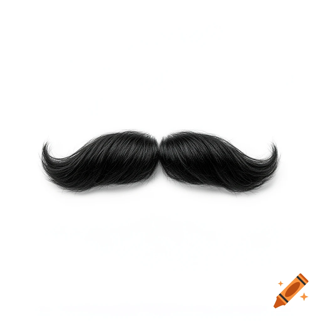 A realistic black mustache with curled ends, set against a clean white background.