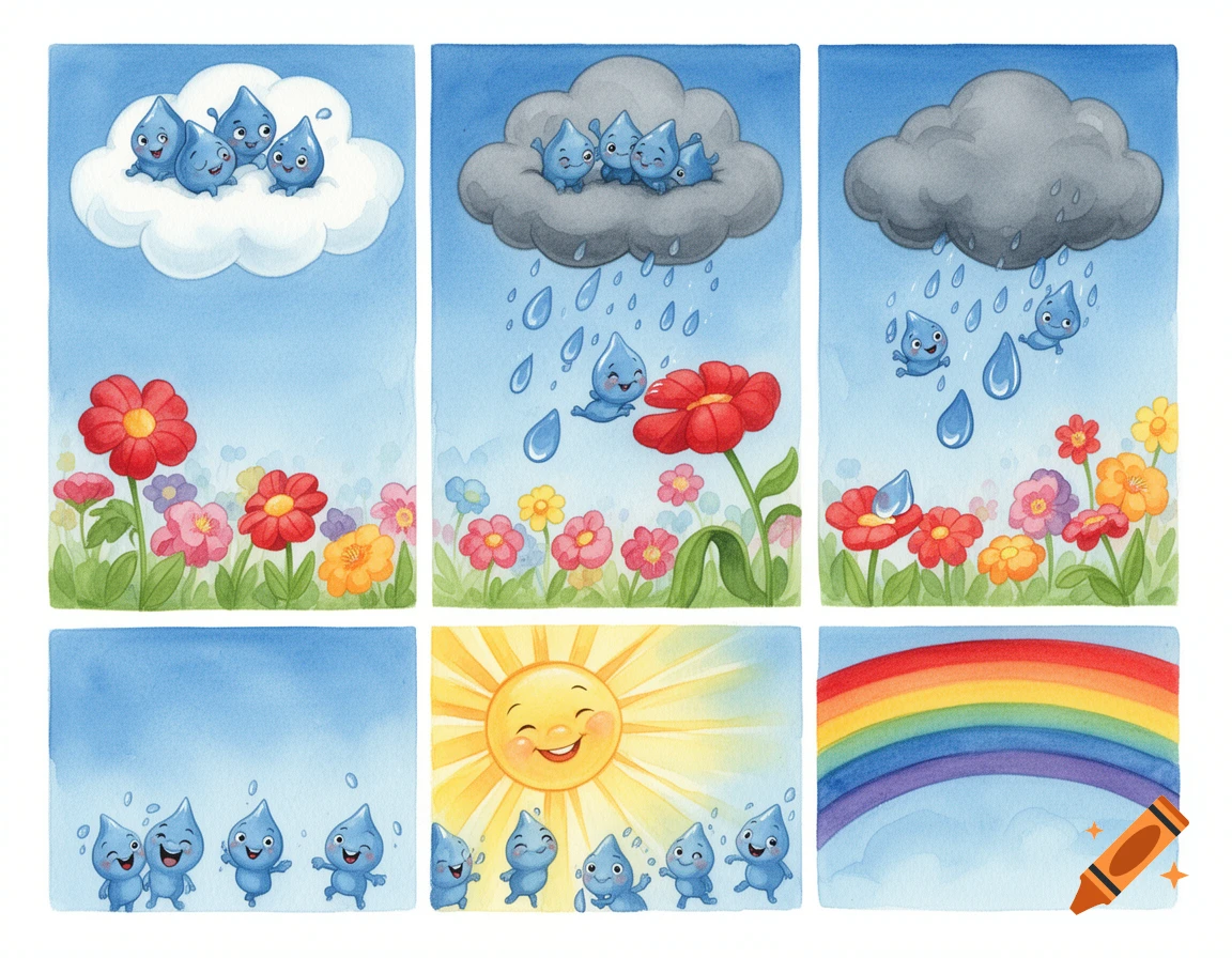 Six-panel watercolor illustration of the water cycle. Cute blue raindrops on a cloud, falling as rain on flowers, warmed by a smiling sun, and returning to the sky with a rainbow.
