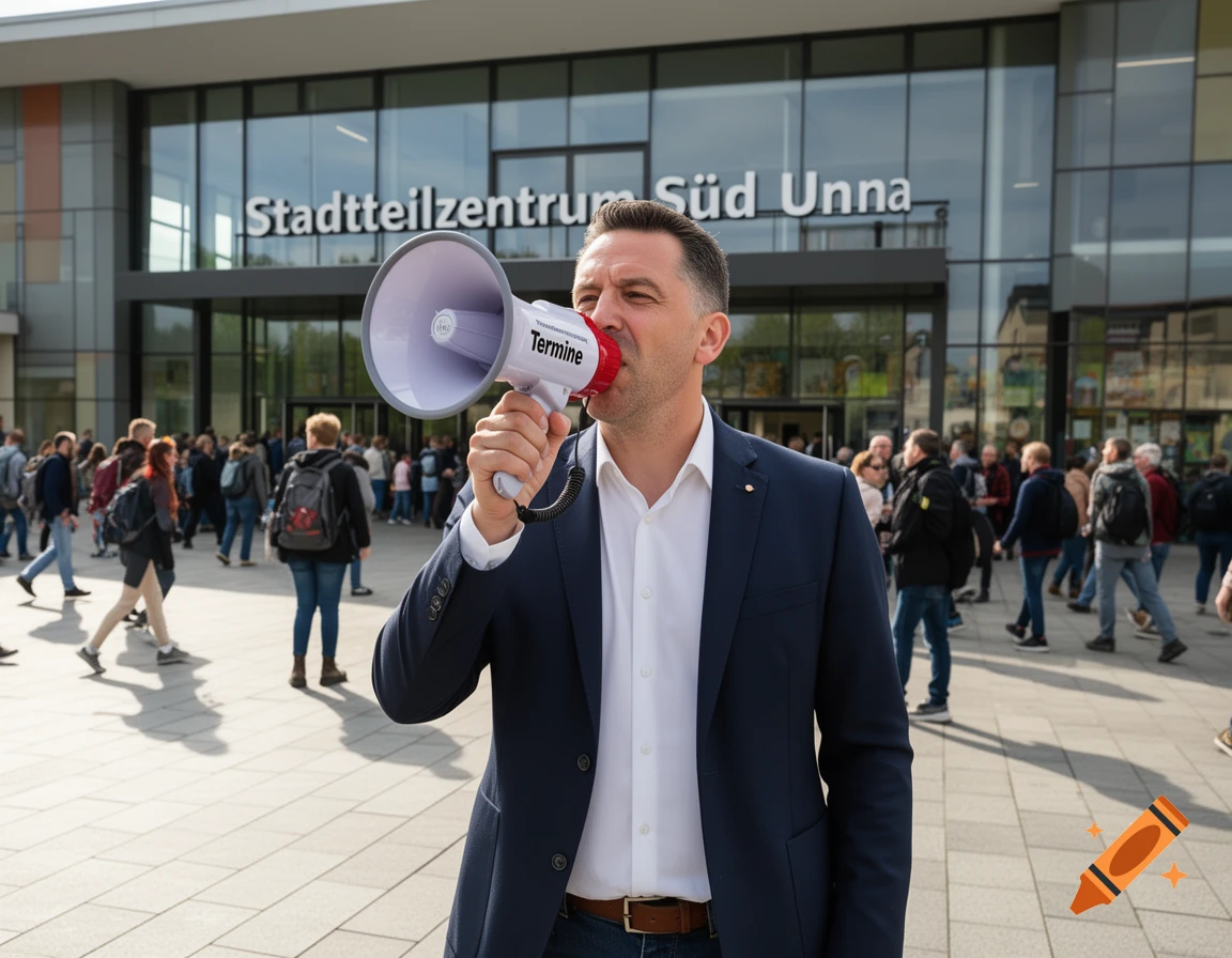A man in a suit speaks into a megaphone in front of the Stadtteilzentrum S a Ud Unna building, with people walking by.