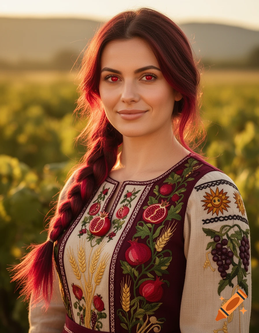 A woman with long red braided hair and glowing red eyes smiles while wearing a traditional dress with pomegranate, wheat, and grape embroidery, standing in a sunny field.