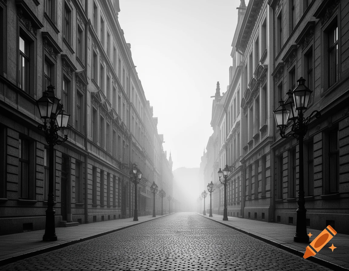 A black and white photograph of a foggy, empty cobblestone street lined with ornate lampposts and tall buildings.