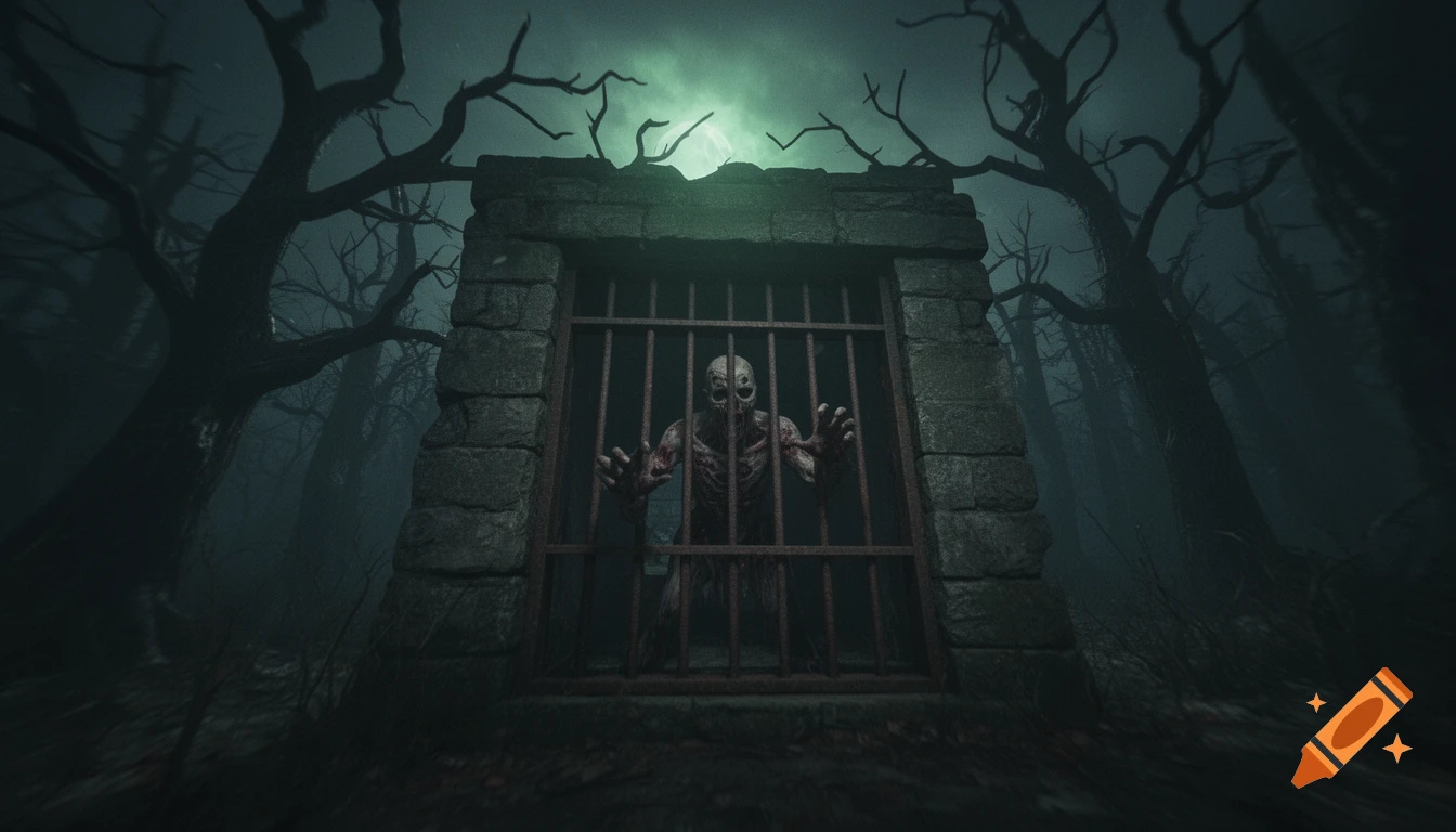A terrifying zombie trapped in a stone cage in a dark, foggy forest under eerie green moonlight, in a shaky, blurry horror movie style.
