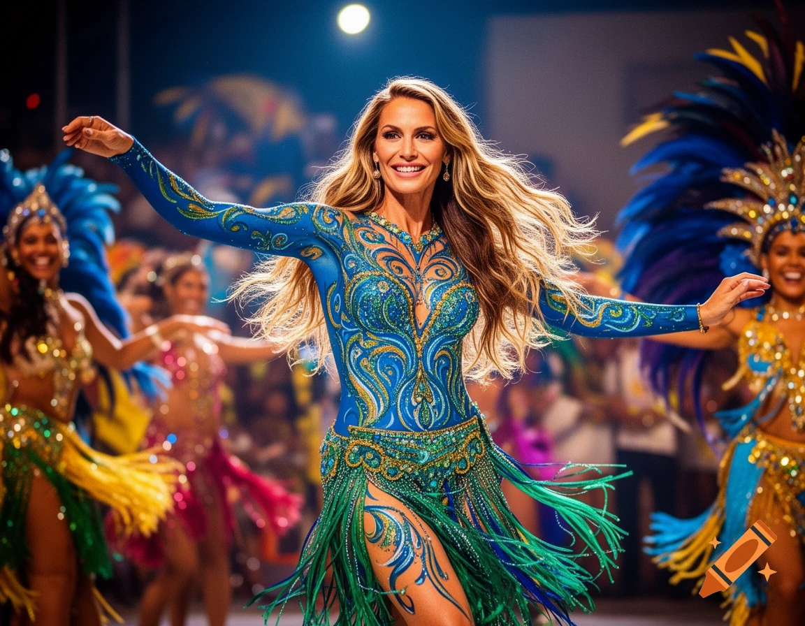 Gisele Bündchen dancing samba in a vibrant blue and green body paint and fringe costume during a carnival parade.