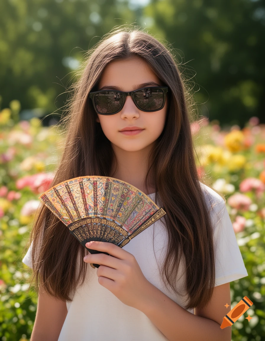A young girl with long brown hair and sunglasses holds a decorative fan in a sunny garden.