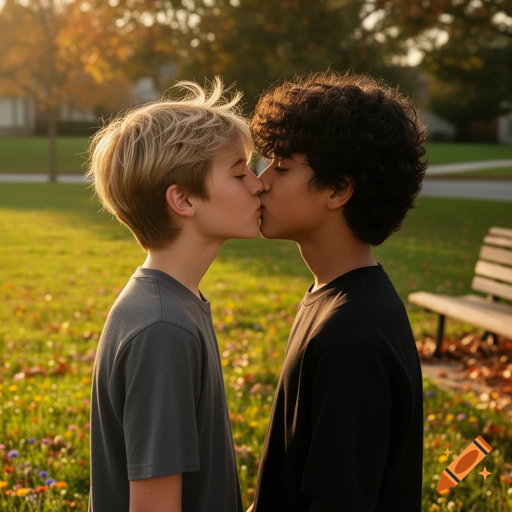 Two young boys with light and dark hair kissing outdoors in a sunny park at golden hour, with a bench in the background.