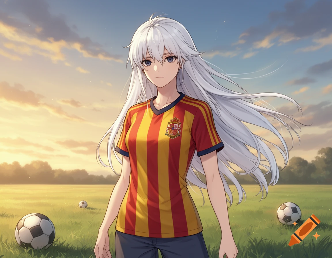 Anime girl with long white hair wearing a red and yellow striped Spanish football jersey, standing in a grassy field with soccer balls under a sunset sky.