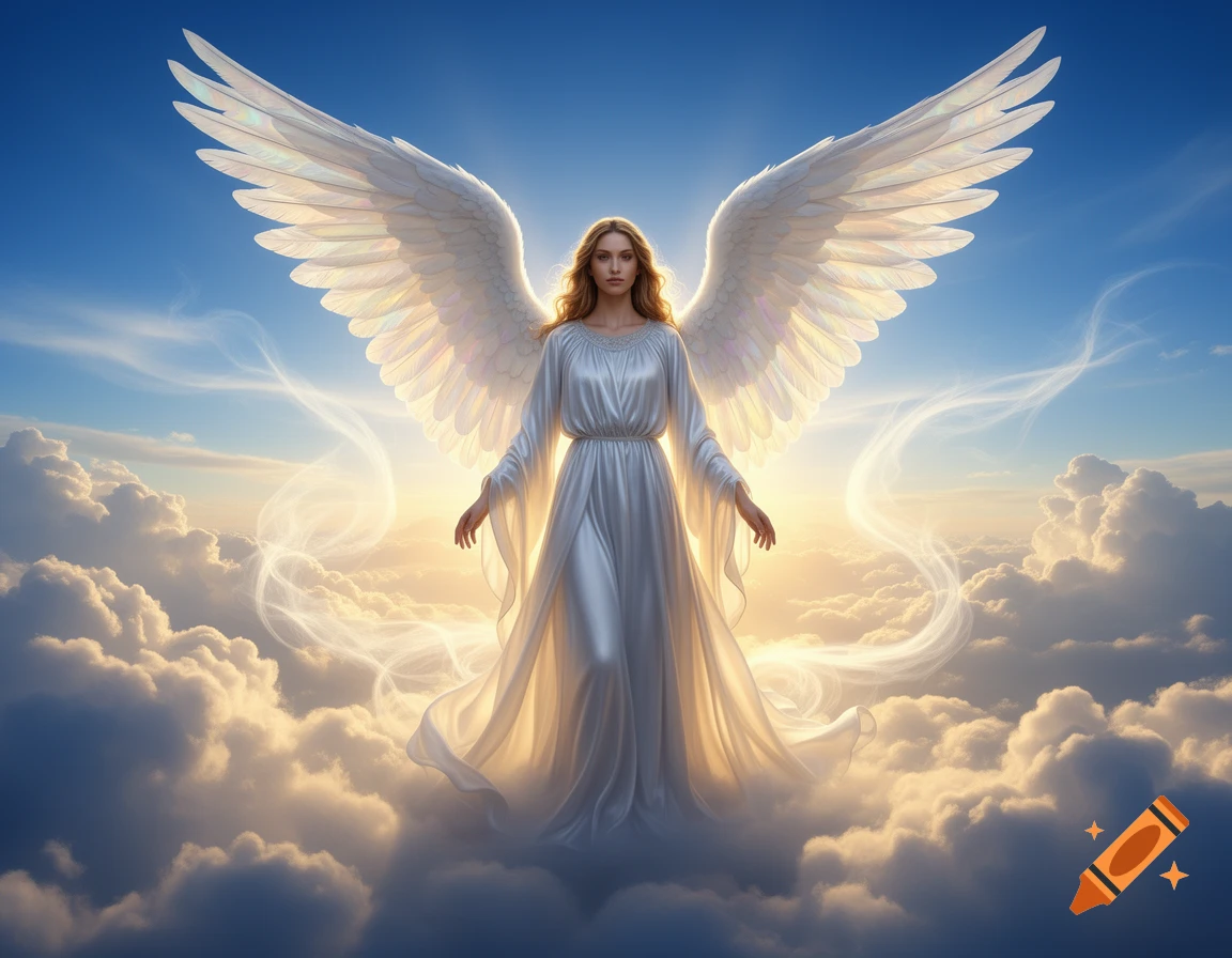 An angel with large white wings and a flowing white gown stands above clouds in a bright blue sky.