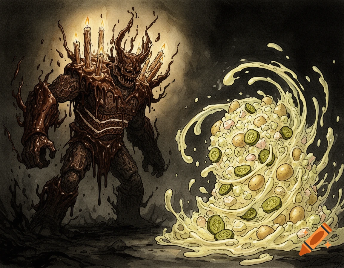 A dark fantasy illustration of a chocolate cake golem with candle horns confronting a chaotic potato salad ooze.