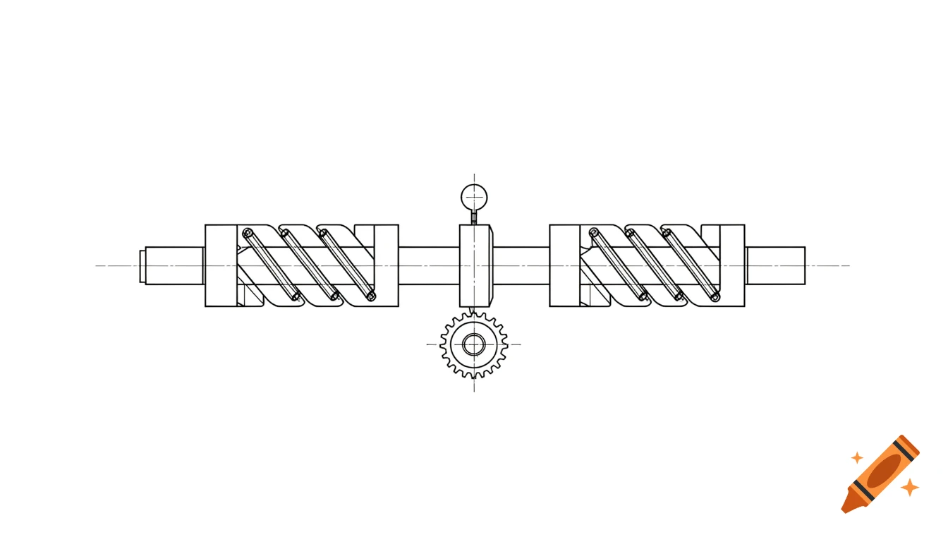 A black and white mechanical engineering schematic diagram of a shaft mechanism with two helical-slotted sleeves and a central gear.