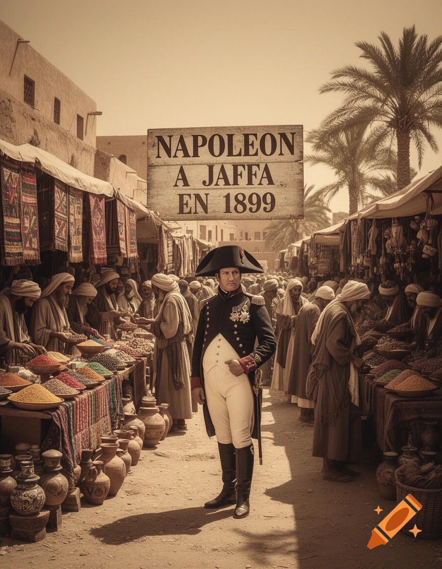 A sepia-toned image of Napoleon in a uniform standing in a bustling desert market with a sign reading 'NAPOLEON A JAFFA EN 1899' overhead.
