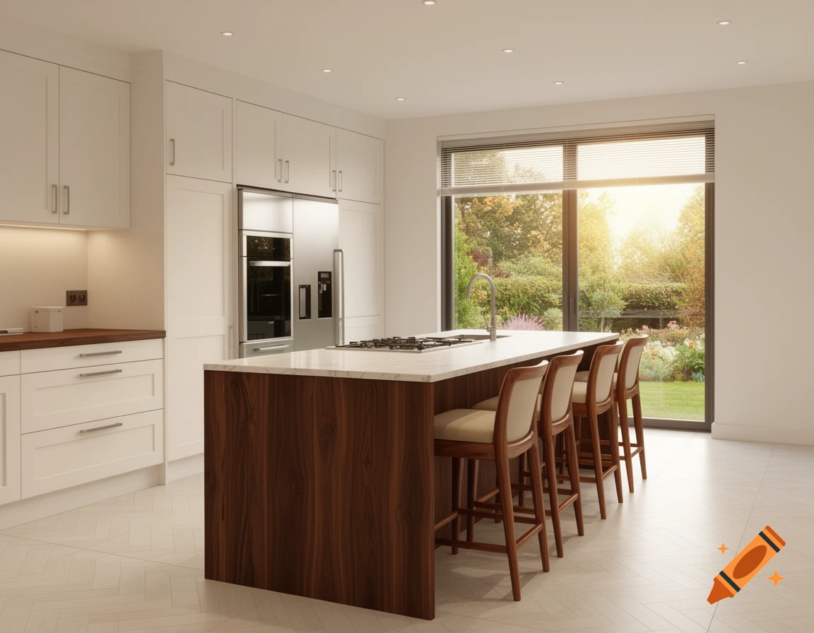 A modern kitchen with a large wooden island, marble countertop, four bar stools, and white cabinets. A large window overlooks a lush garden.