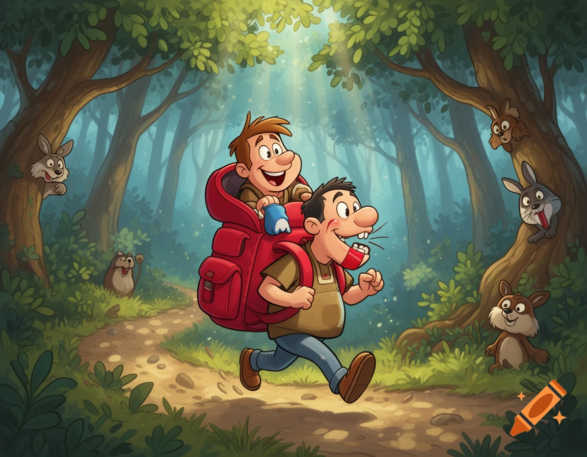 Cartoon man carries a boy in a red backpack through a sunny forest path with woodland animals watching.