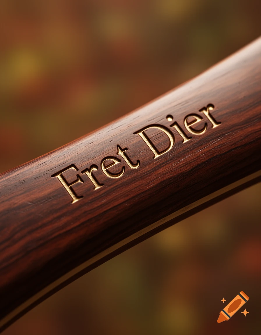 Close-up of golden text 'Fret Dier' engraved into dark, richly grained wood.
