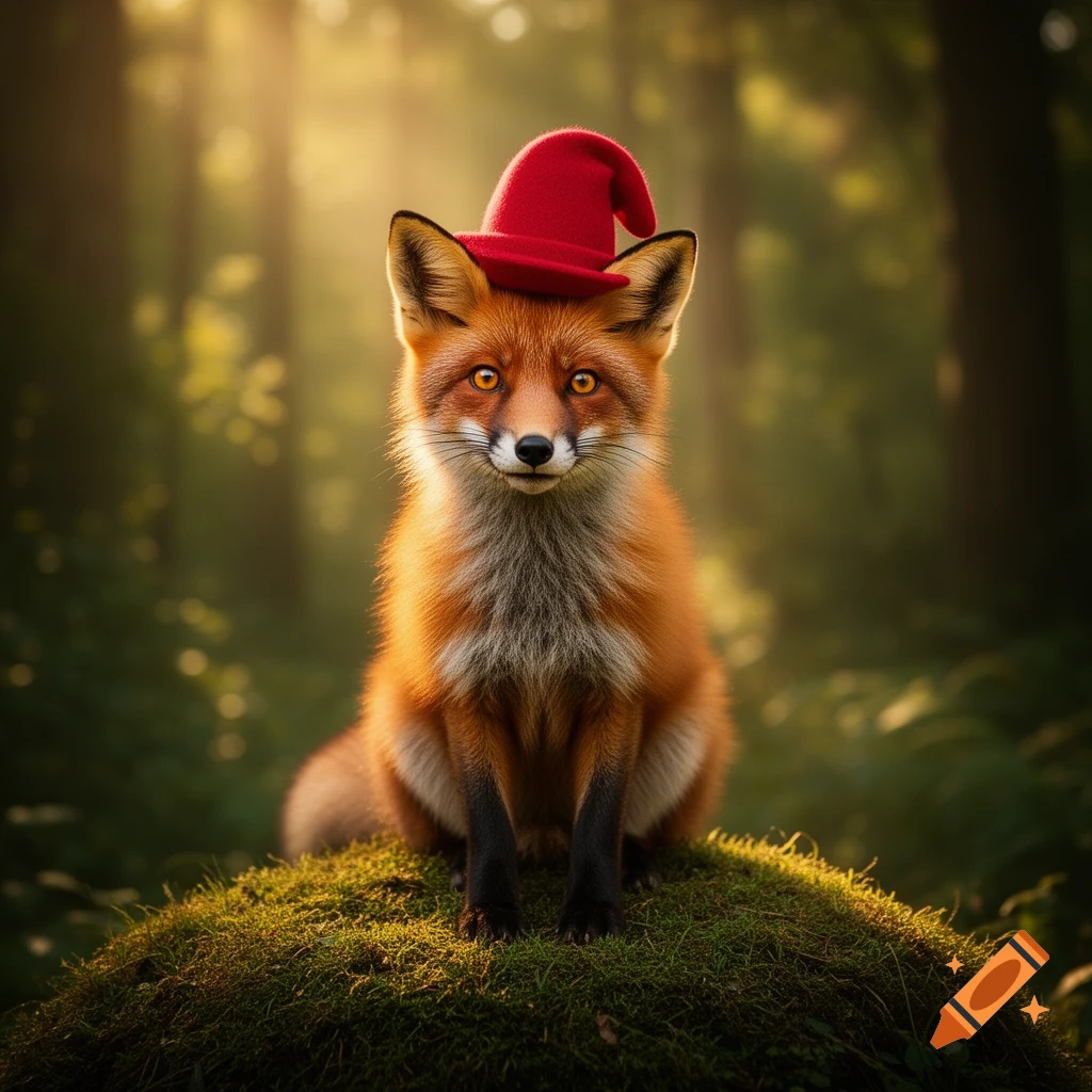A photorealistic red fox wearing a small red hat sits on a mossy mound in a sunlit forest, looking directly forward.