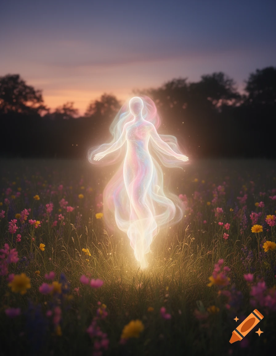 A radiant, glowing, multi-colored ethereal spirit figure hovers in a field of wildflowers at sunset.