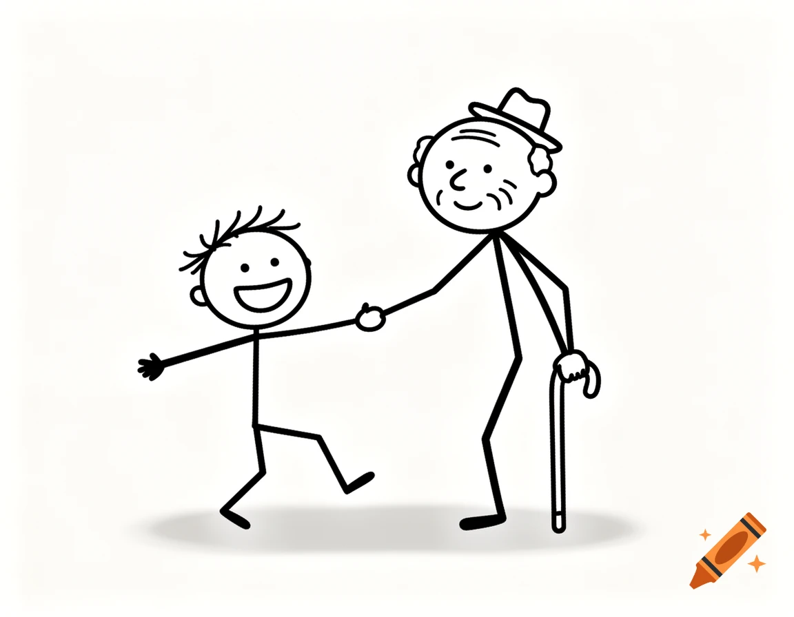 A black and white stick figure drawing of a happy young boy and an elderly grandpa holding hands.