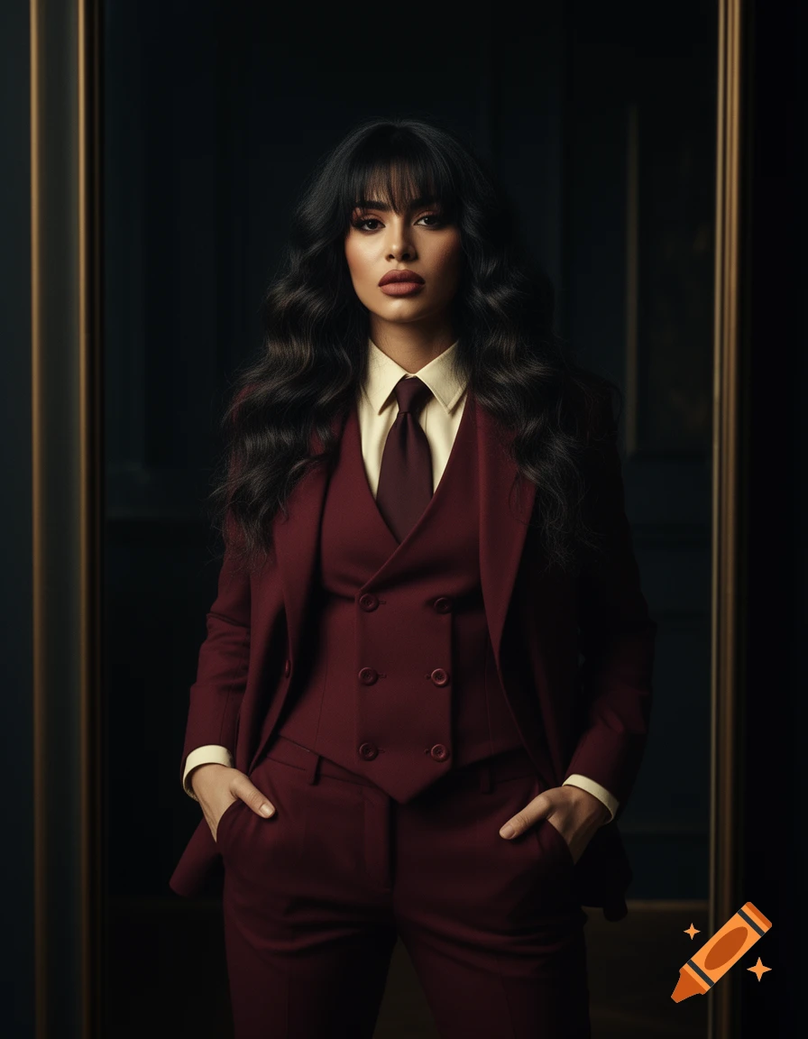 Photorealistic portrait of a woman with dark wavy hair in a maroon three-piece suit, cream shirt, and tie, hands in pockets.