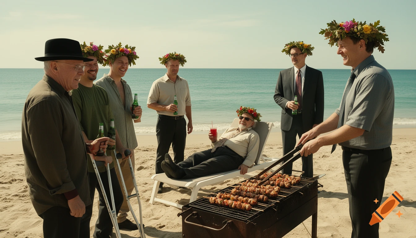 Several men wearing wreaths, some drinking beer, one on crutches, one grilling kebabs, and another relaxing in a lounge chair on a sunny beach.