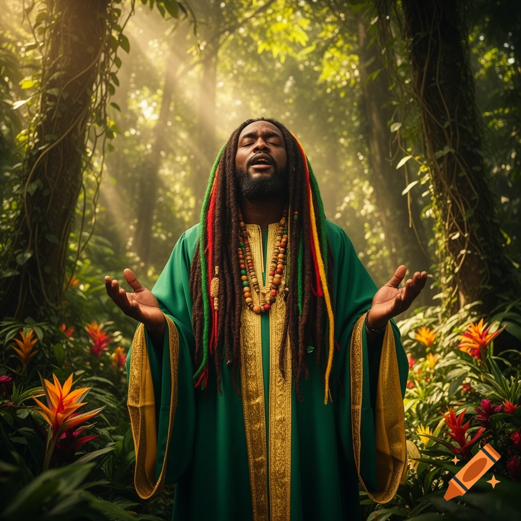 A man with Rasta-colored dreadlocks and a green robe stands in a sunlit jungle, eyes closed, hands open in a spiritual gesture.