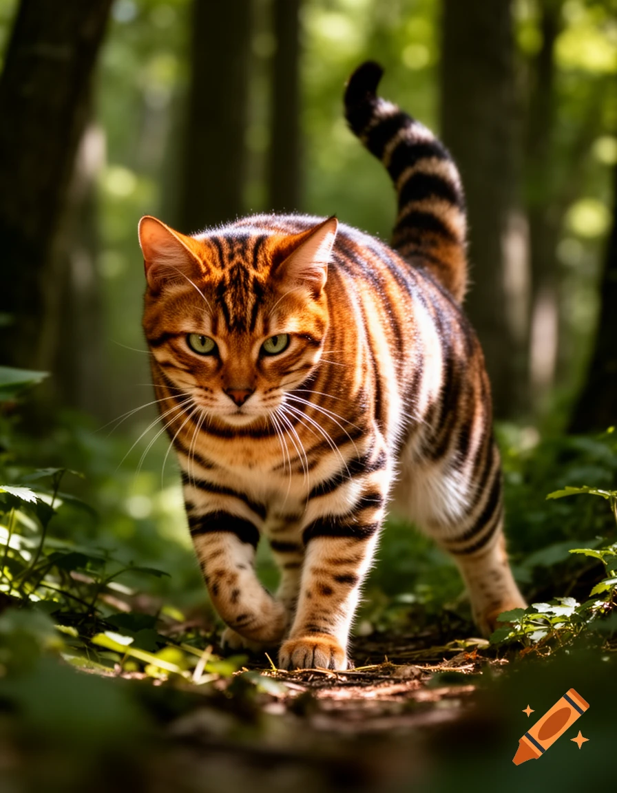 A striped tabby cat with bright green eyes walks on a sun-dappled forest path, looking directly at the viewer.