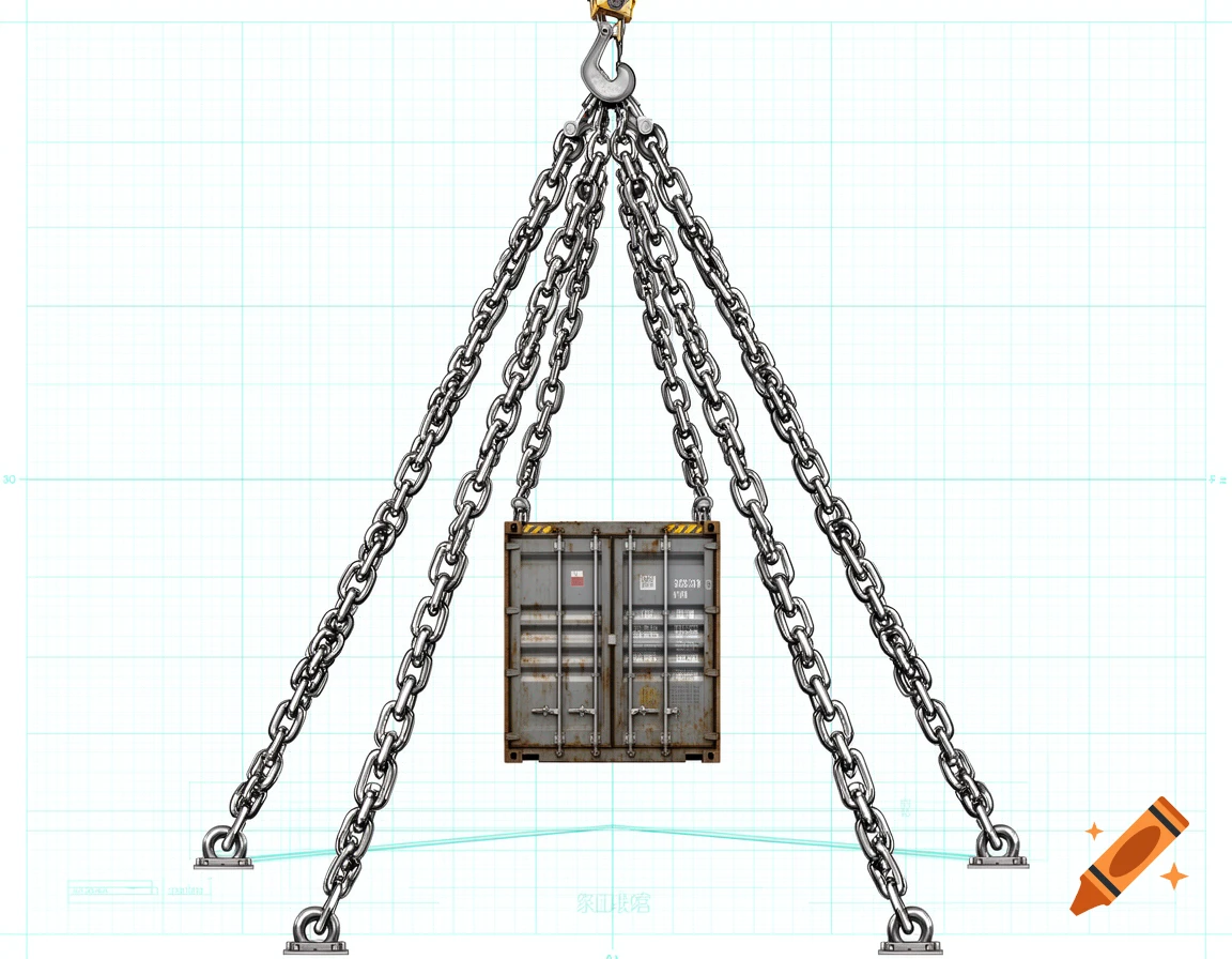 A grey shipping container is lifted by a four-legged metal chain sling, depicted as an engineering diagram on a blue grid background.