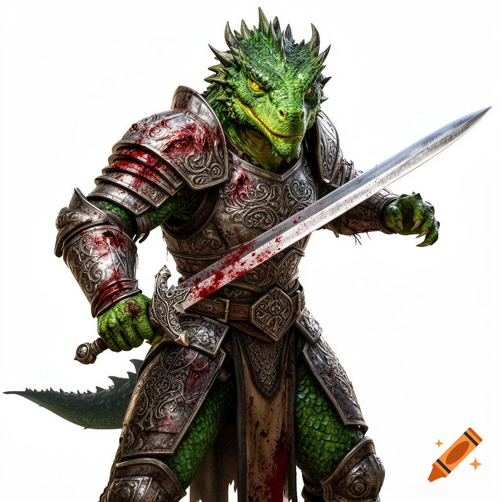A battle-scarred green dragonborn paladin in ornate, blood-stained heavy armor holds a longsword in an attack position against a white background.