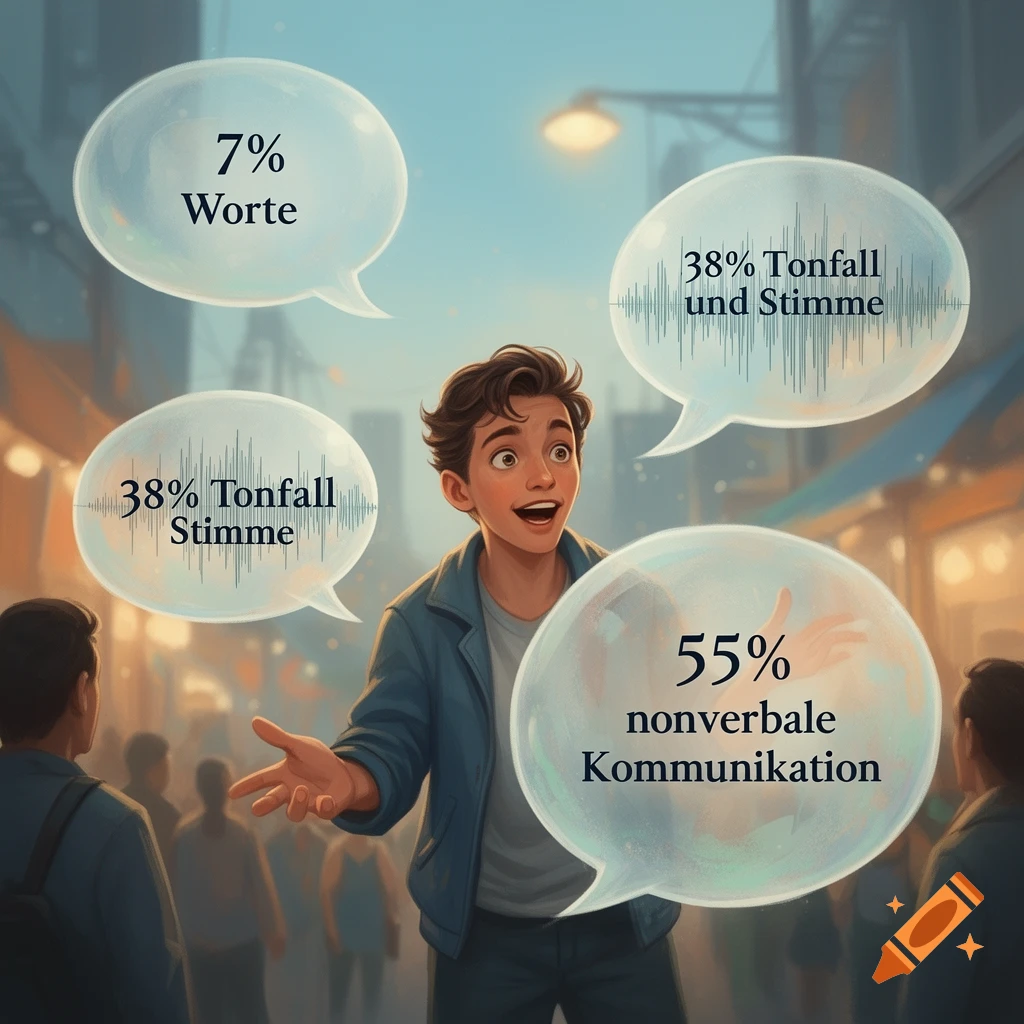 An animated illustration of a young man speaking, surrounded by four speech bubbles with text and percentages in German about communication.