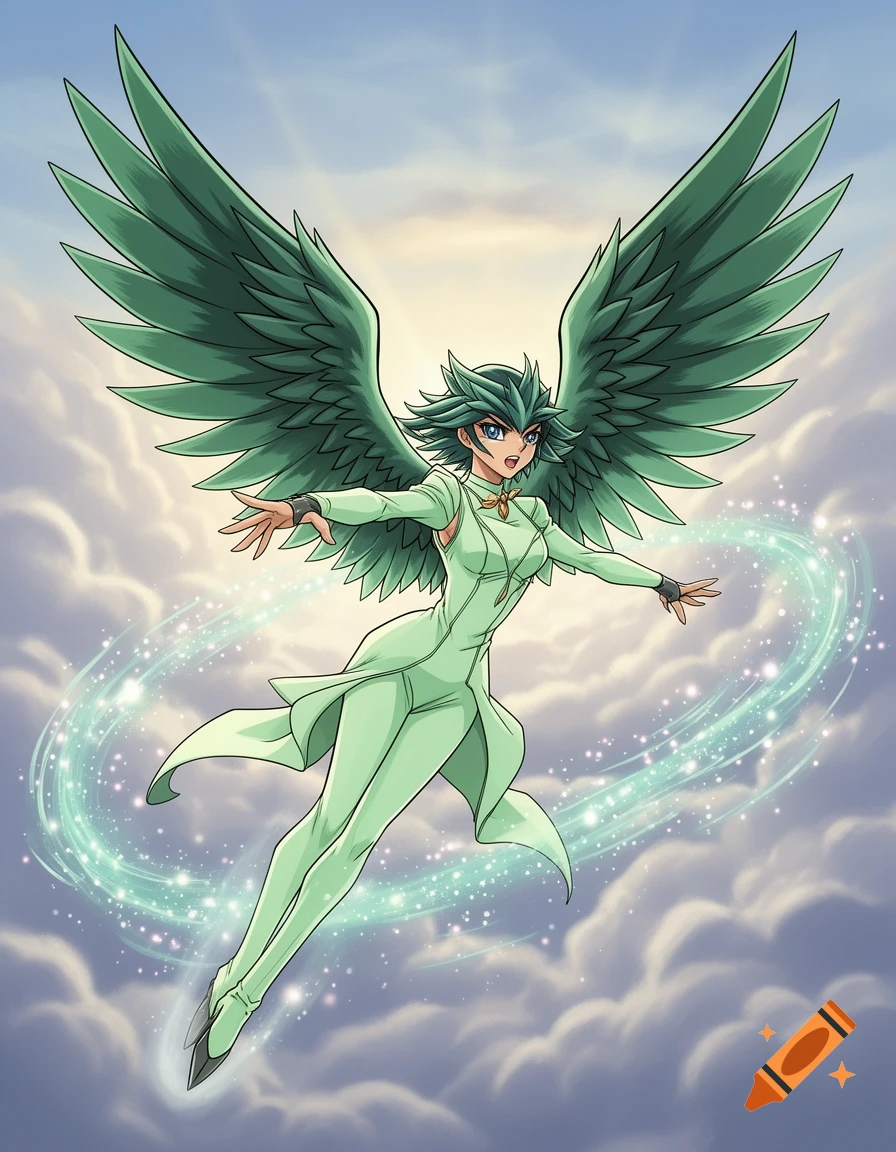 An elegant anime-style avian woman with emerald wings and a green outfit flies dynamically through a cloudy sky with sparkles.