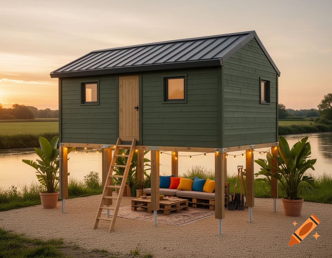 A dark green wooden cabin on stilts with a metal roof by a river at sunset, featuring a lounge area below with pallet furniture, colorful cushions, and string lights.