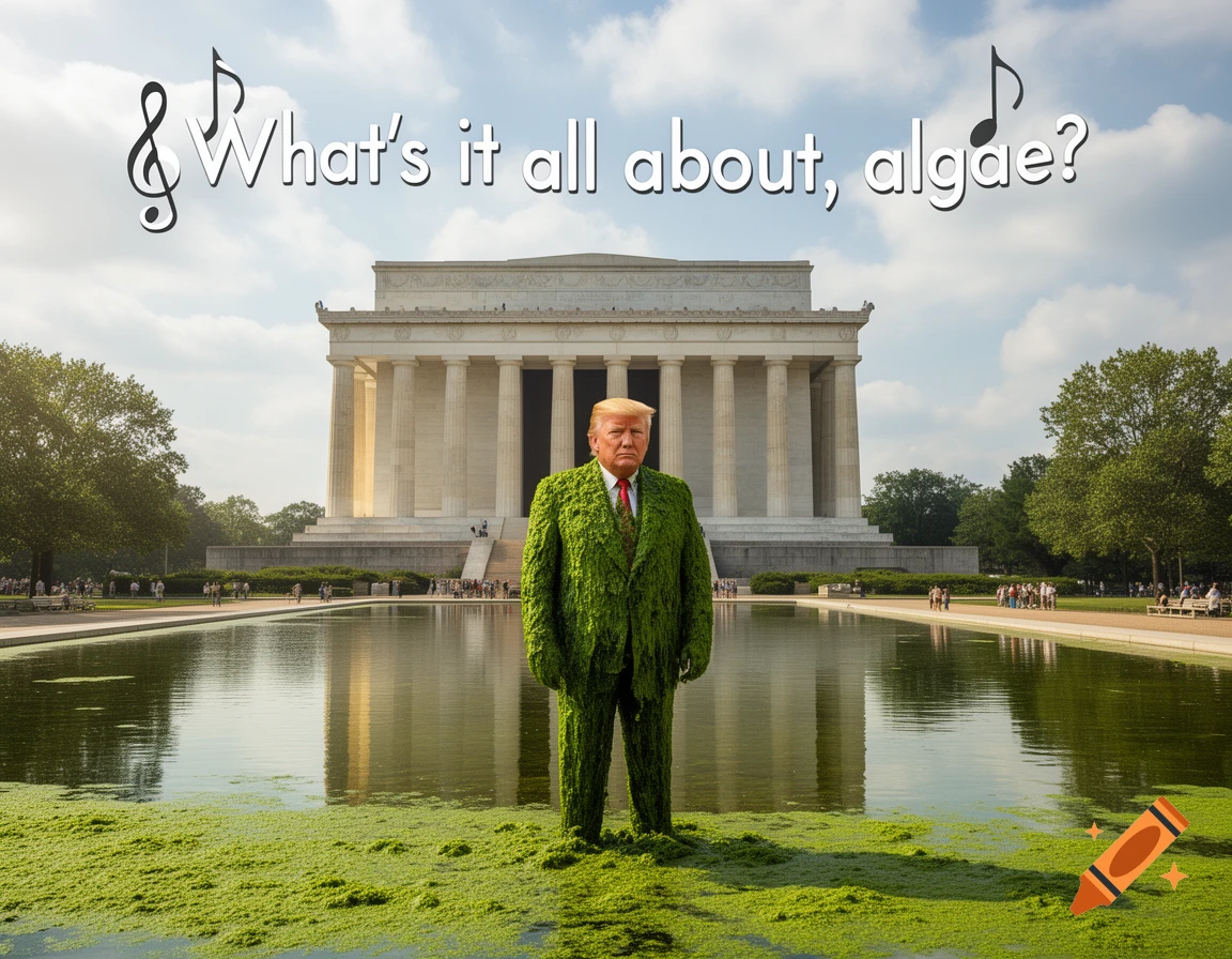 Donald Trump in an algae suit stands in a green reflecting pool at the Lincoln Memorial. Text above reads 'What's it all about, algae?' with musical notes.