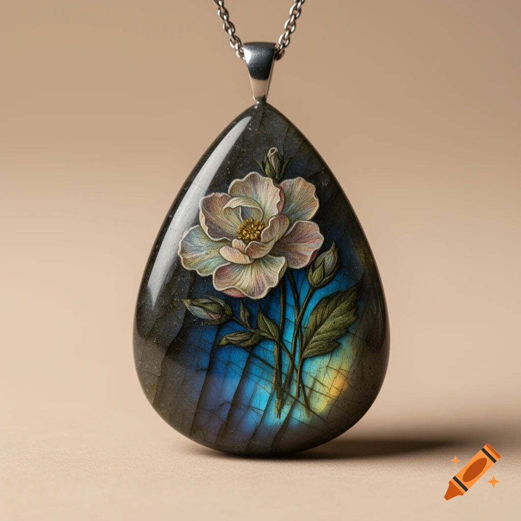 A close-up of a glossy teardrop-shaped labradorite pendant, featuring a delicate white and pink flower painting on its surface.