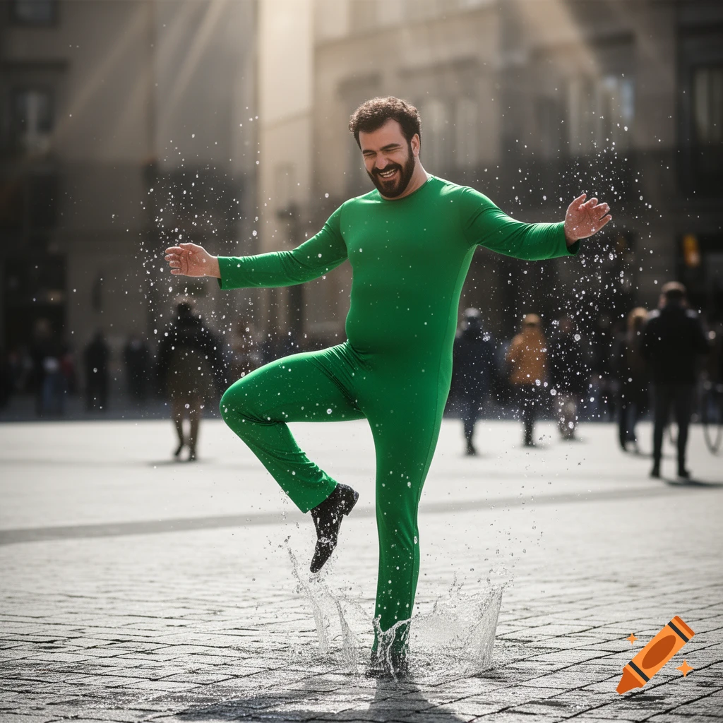A bearded man in a bright green full-body suit happily splashes water in a puddle on a cobblestone street in a city.