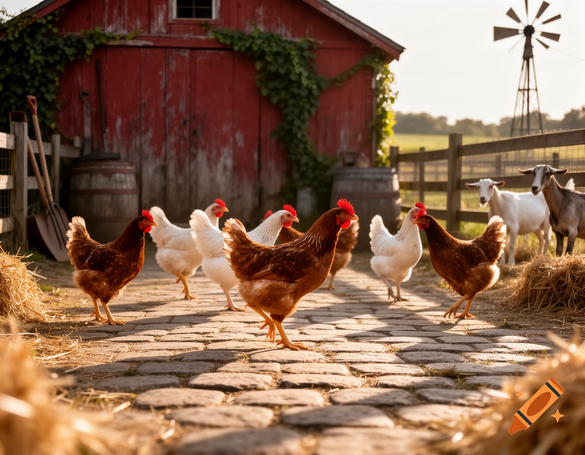 Brown and white chickens stand on a cobblestone path on a sunny farm with a red barn, windmill, and goats in the background.