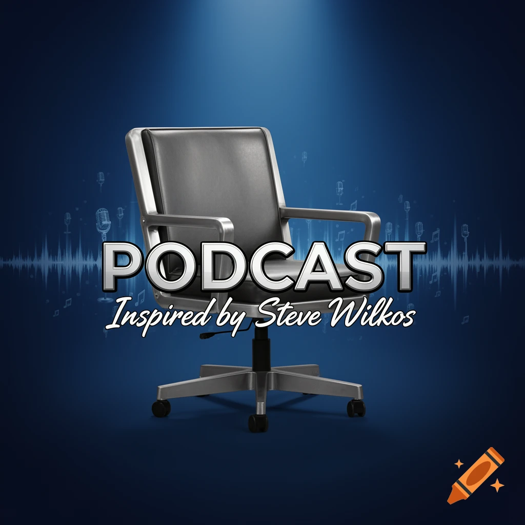 A sleek black office chair with silver accents against a blue background, featuring a sound wave, microphones, and music notes. Text reads 'PODCAST Inspired by Steve Wilkos'.