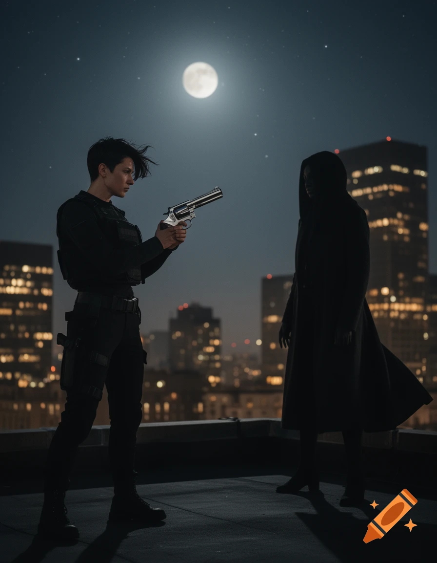 A person with a revolver faces a cloaked figure on a city rooftop at night under a full moon.