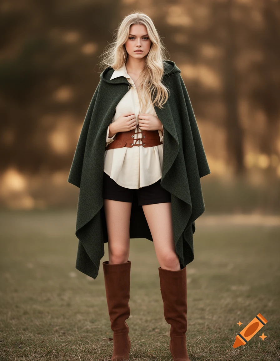 A blonde woman in a dark green hooded poncho, cream oversized shirt, brown corset belt, black shorts, and brown high boots stands in a field.