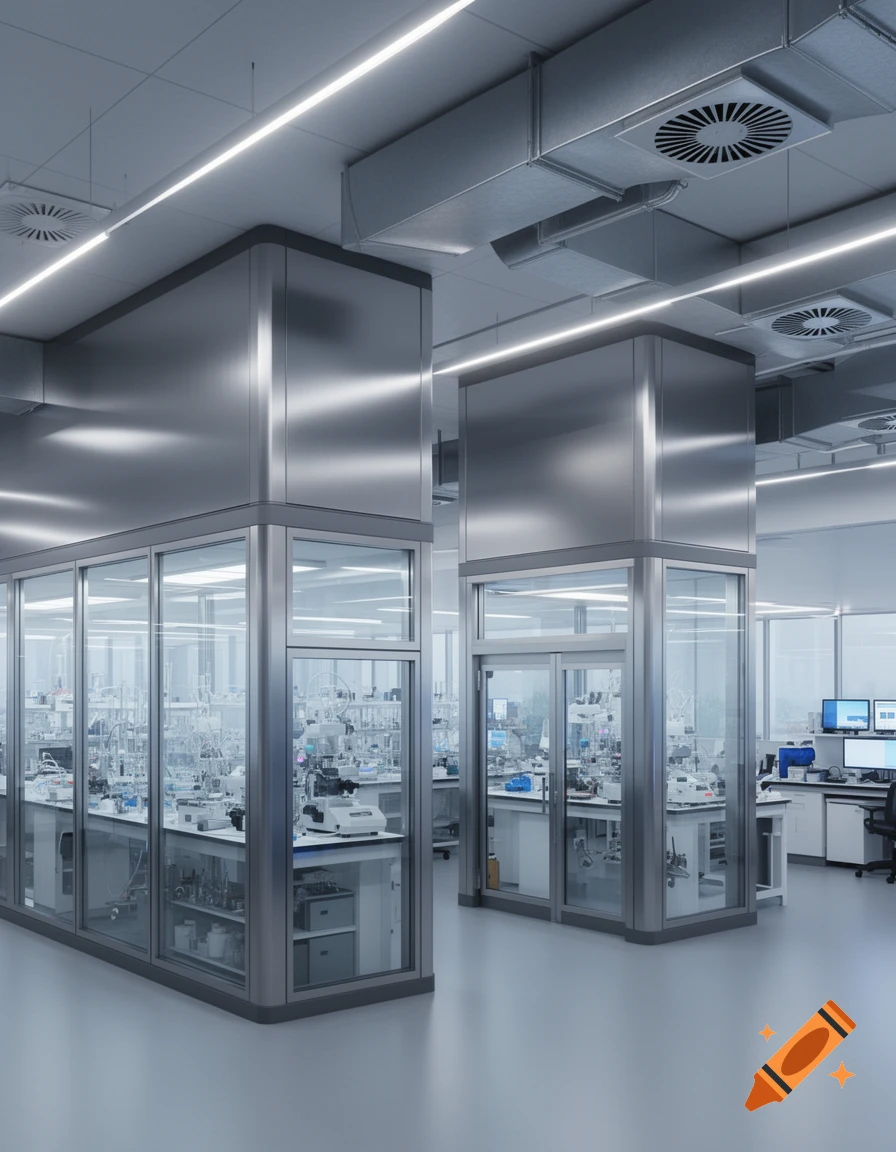 A clean, modern laboratory interior with glass-enclosed work areas, scientific equipment, and visible ventilation systems.