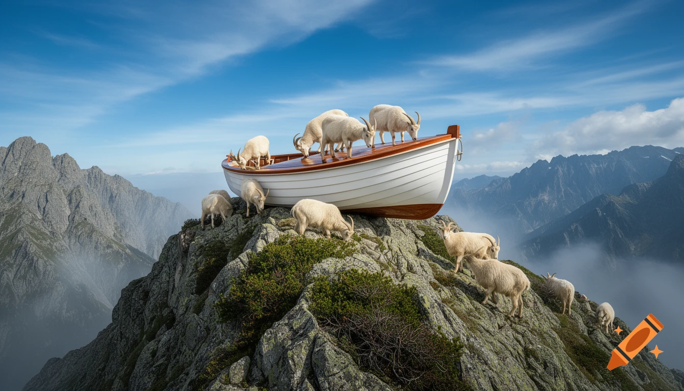 A photorealistic and surreal scene of mountain goats on and around a wooden boat perched on a rugged mountain peak.