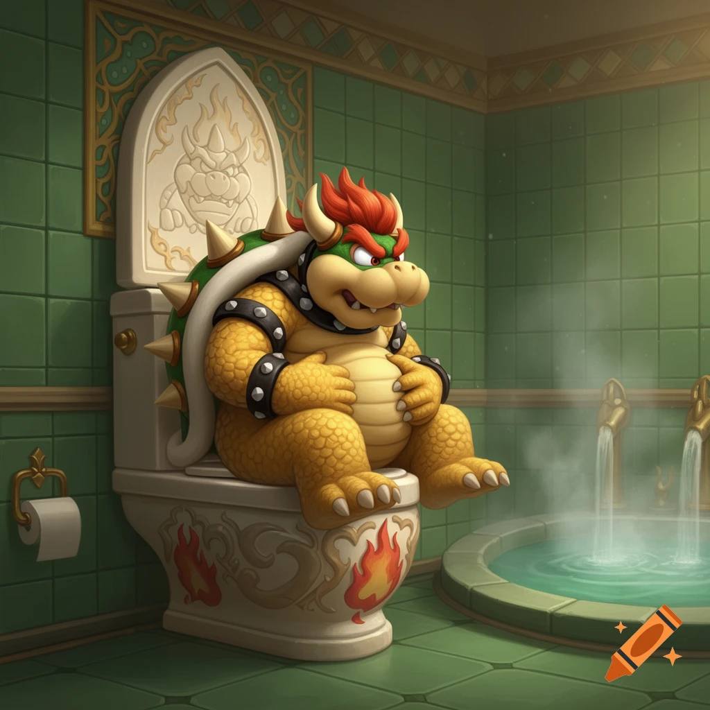 Cartoon Bowser sits on a decorative toilet in a green-tiled bathroom with a steaming tub.