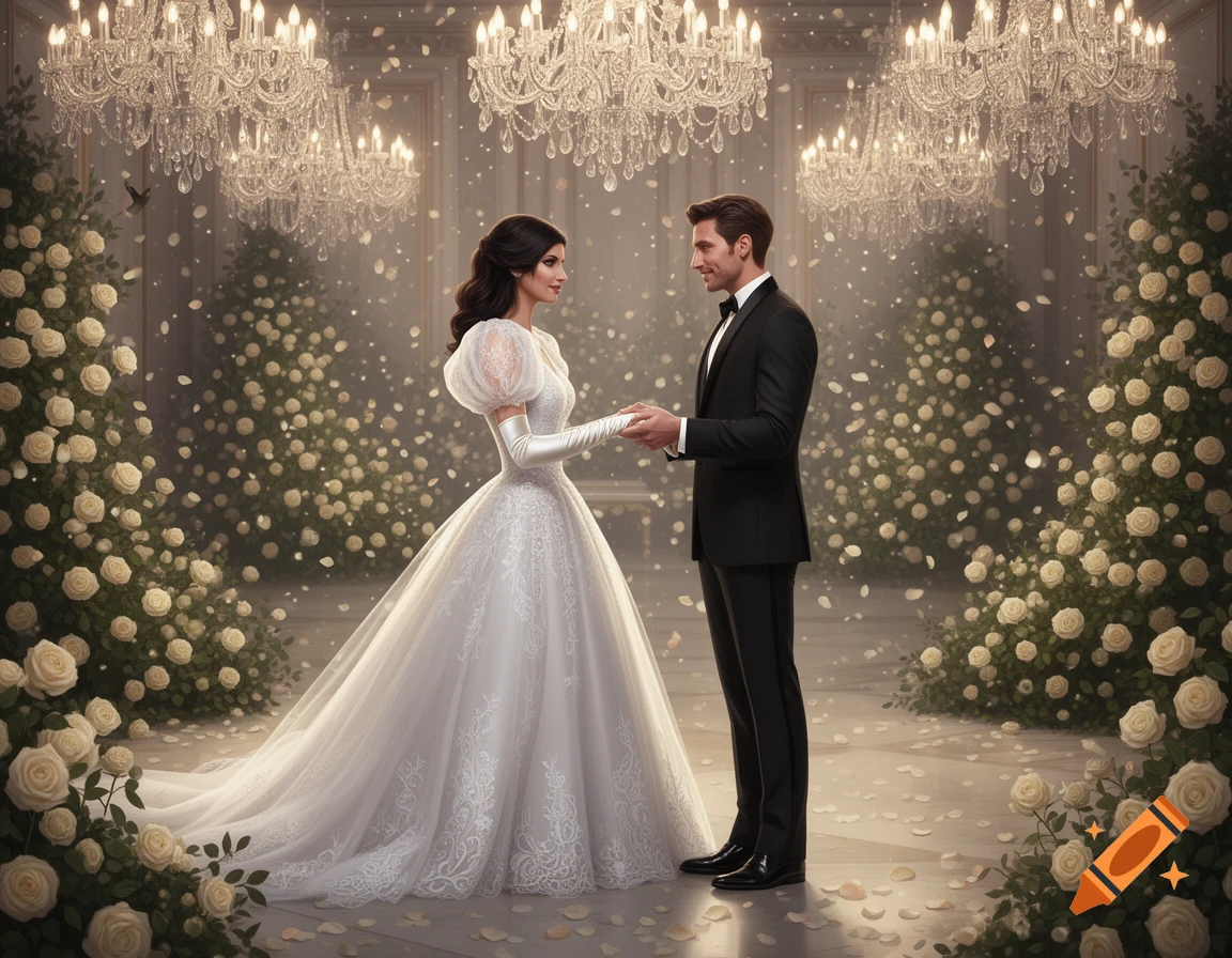 A photorealistic image of a couple in wedding attire holding hands in a grand ballroom with chandeliers and white roses.