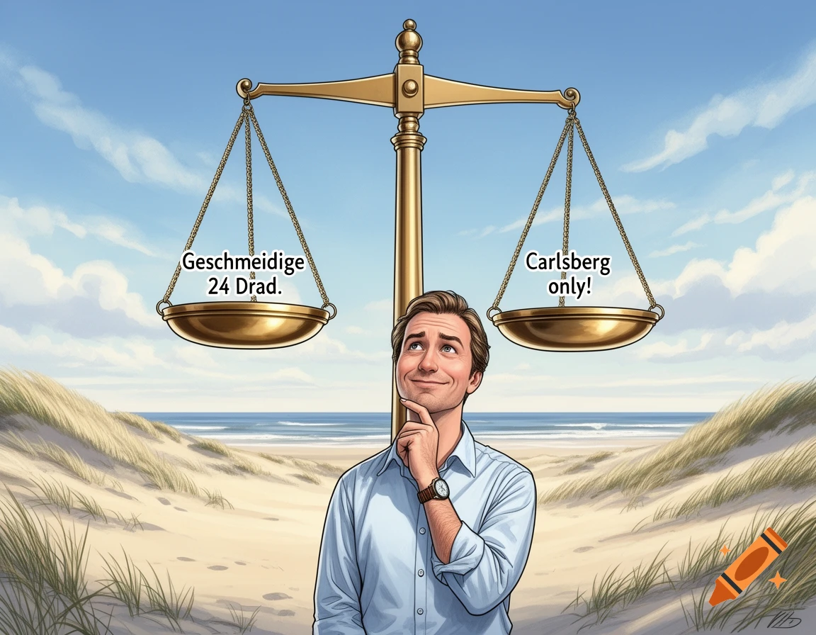 A thoughtful man stands on a sandy beach, looking up at a golden balance scale. The left pan has text "Geschmeidige 24 Drad.", and the right "Carlsberg only!"
