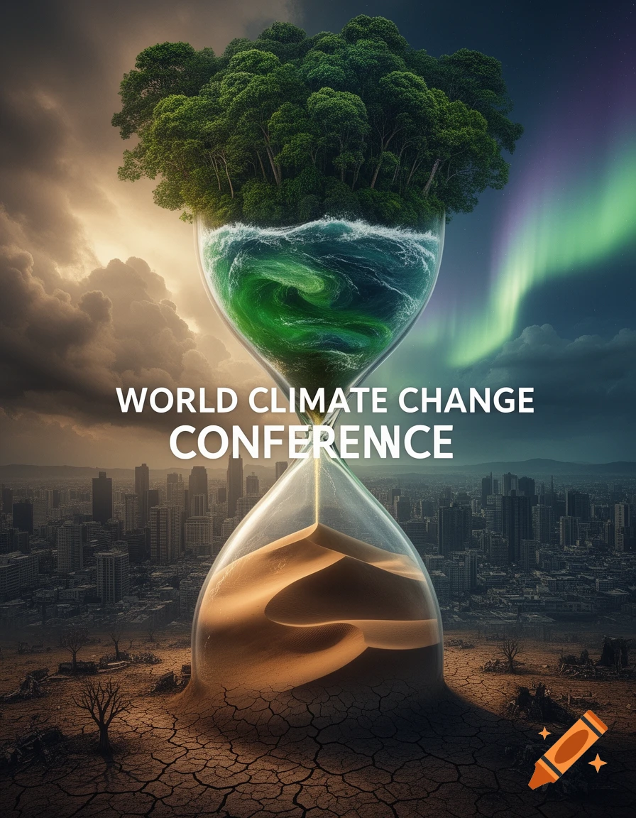 A symbolic hourglass with a lush forest and swirling ocean above desert sand and cracked earth with a city skyline. Text: WORLD CLIMATE CHANGE CONFERENCE.