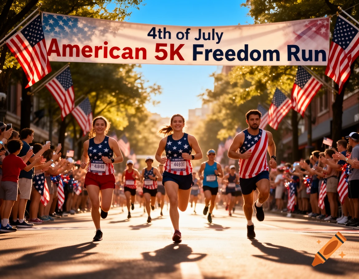 Runners in patriotic attire participate in a 4th of July Freedom Run down a flag-lined street, cheered by spectators.