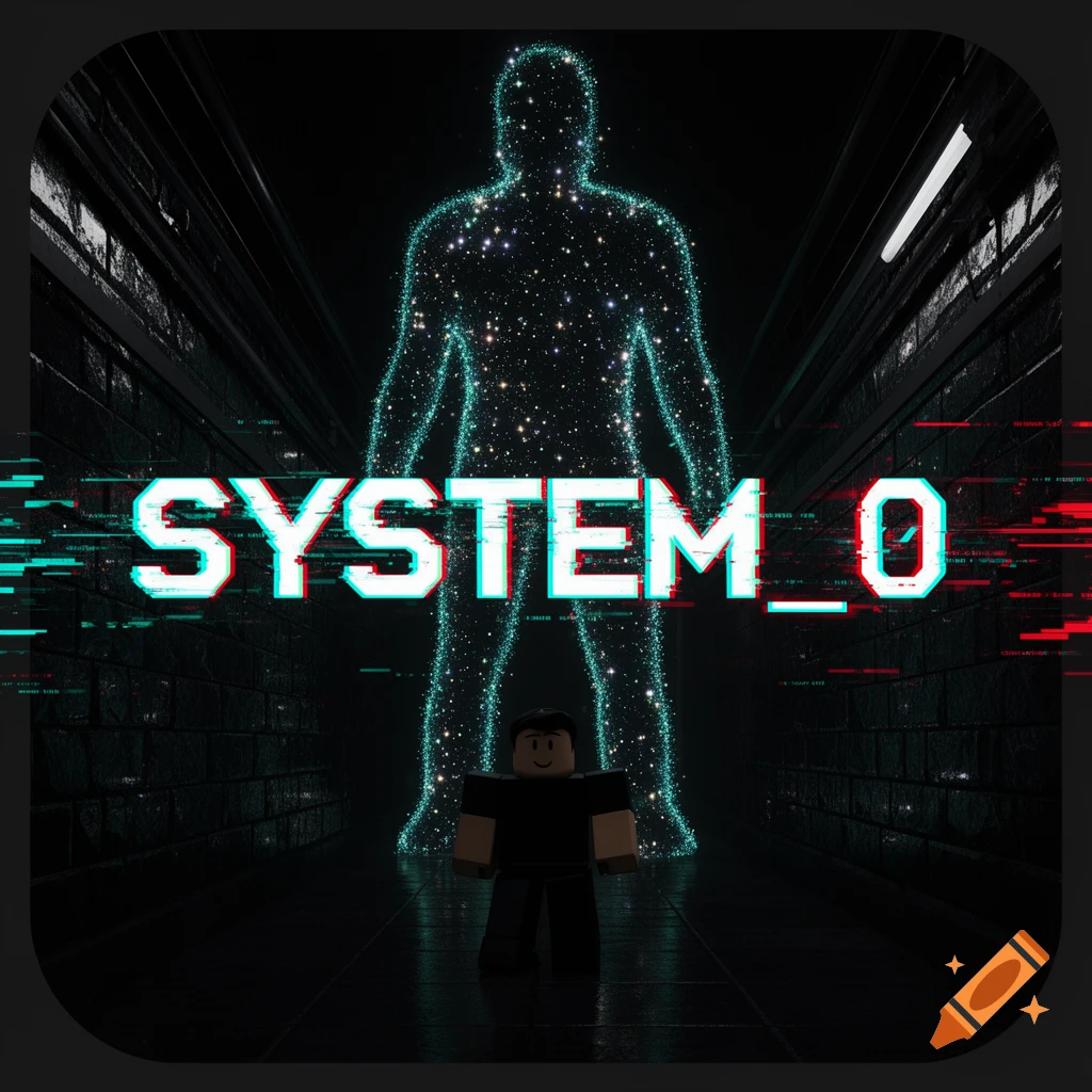 Roblox character in a dark subway tunnel before a glowing, starry human silhouette, with 'SYSTEM_0' text and glitch effects.