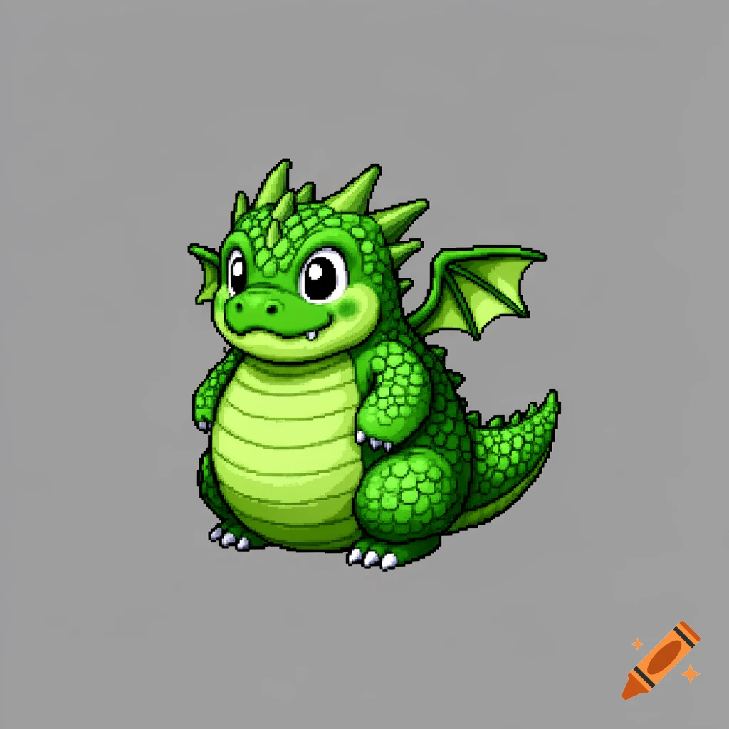 A cute, chubby green pixel art dragon monster, in the style of a 16-bit retro RPG sprite, on a solid gray background.