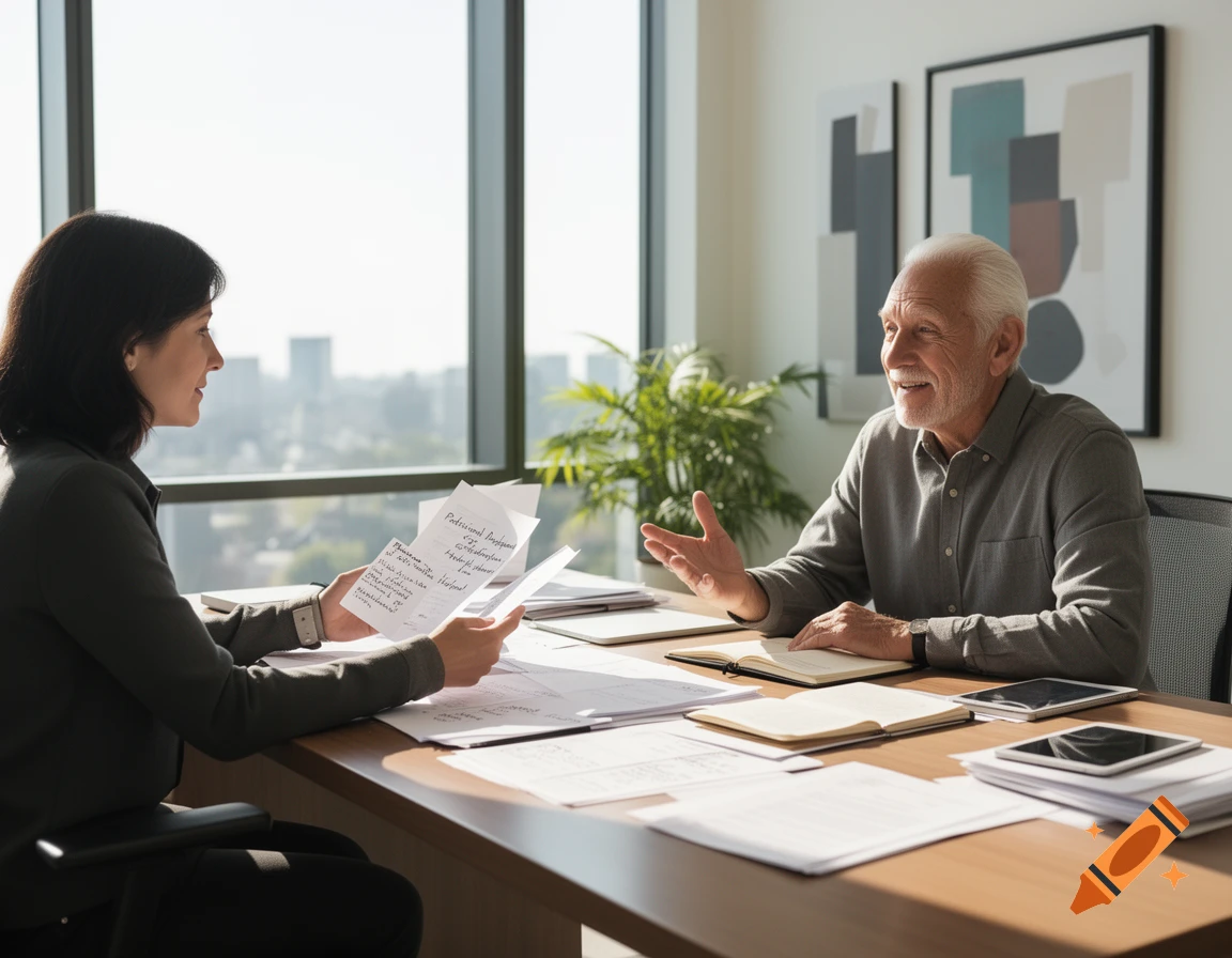 Two people, a woman and an older man, discussing documents at a wooden desk in a bright, modern office with large windows.