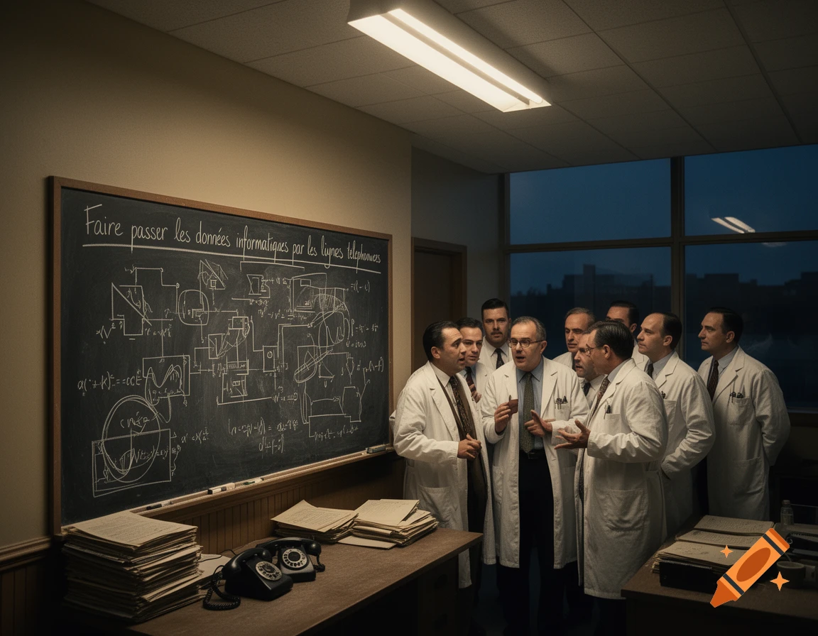 Men in lab coats discuss in a vintage office with a blackboard displaying text and equations about data transfer.