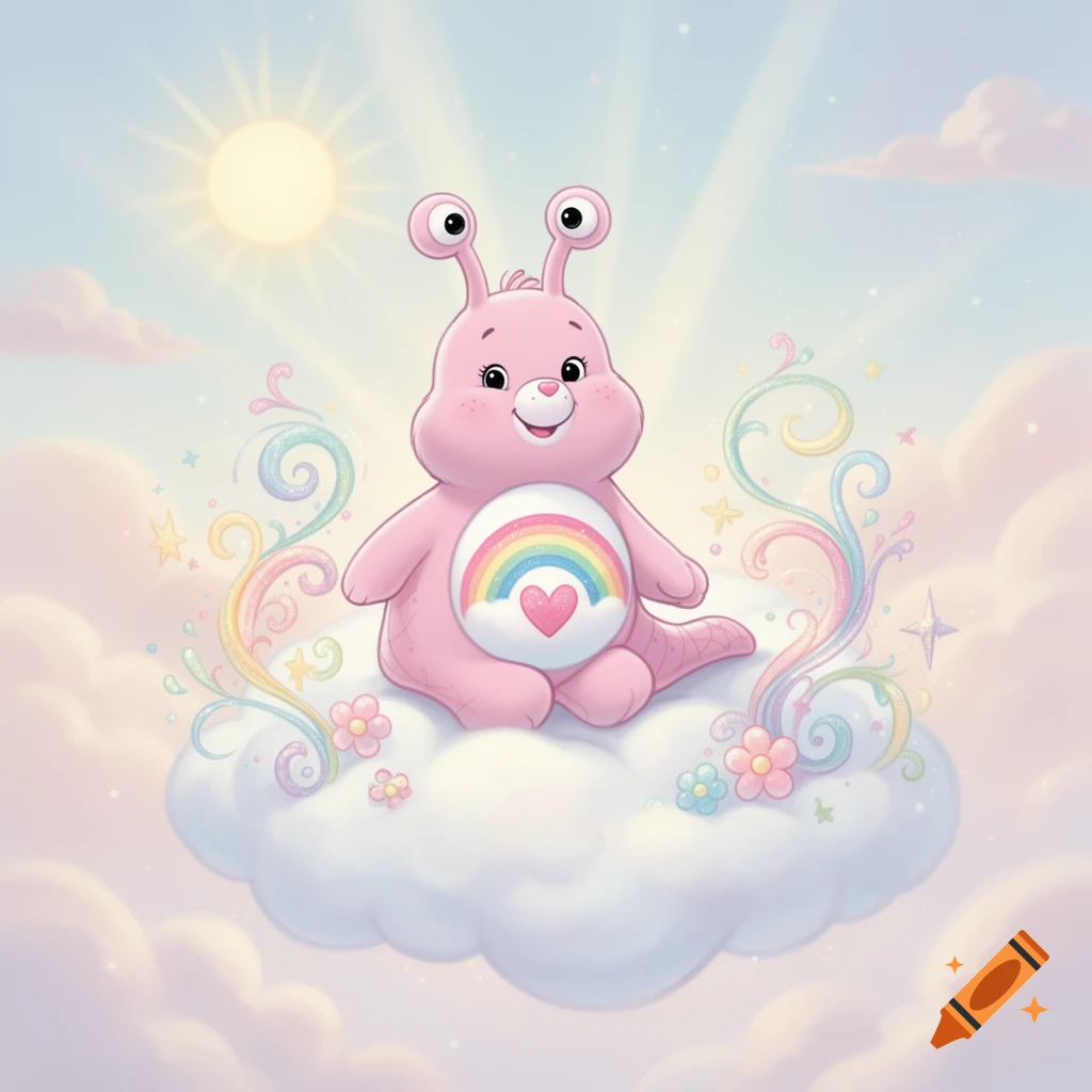 A cute pink slug-like Care Bear with eye stalks and a rainbow belly badge sits on a fluffy cloud in a whimsical, sunny sky.