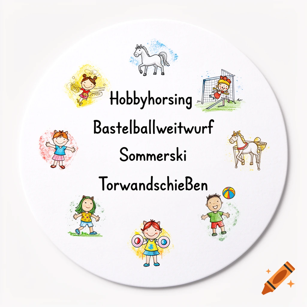 A white circular design featuring cartoon-style illustrations of children playing various sports and horses, with German text listing activities for a summer festival.