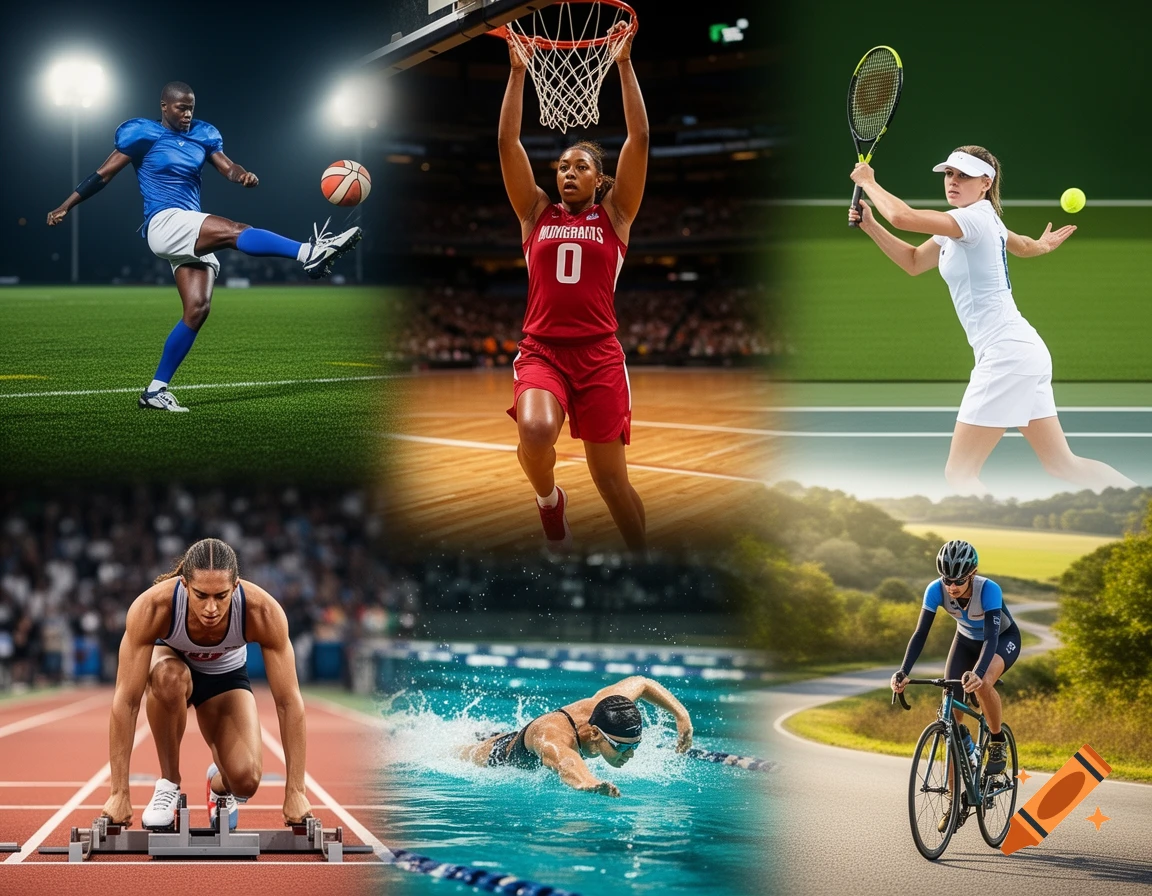 A collage featuring six athletes in action: a football player kicking, a basketball player dunking, a tennis player serving, a sprinter on blocks, a swimmer, and a cyclist.